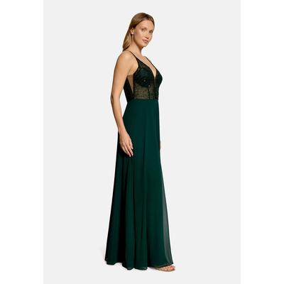 Abendkleid VERA MONT "Damen mit Stickerei", Damen, Gr. 34, Normalgrößen, Stoff, grün (schwarz moss), Stoff, Obermaterial: 100% Polyester. Besatz: 100% Polyamid. Futter: 100% Polyester, festlich, körpernah lang, V-Ausschnitt, Kleider Abendkleid