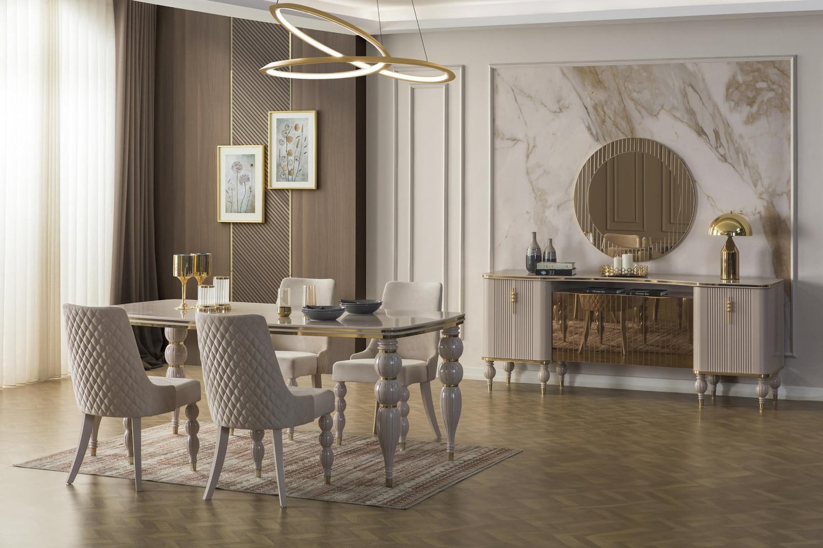 9-delige beige designer eetkamer set met eettafel, stoelen en sideboard van AEA