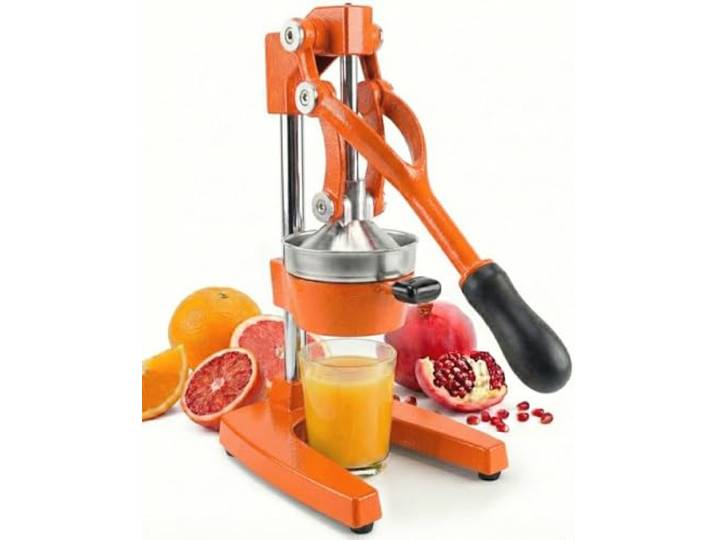 Eurolux Zitruspresse aus Gusseisen Handelsqualität manuelle Handpresse Arbeitsplattenpresse für frischen Fruchtsaft (Bonus Edelstahlbecher) (Orange)