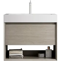 STILVORA Badezimmer-Waschtisch 60x70x46 Hochleistungsbecken Resin Schublade Offenes Regal Massivholz Schrank Weiß+Eiche