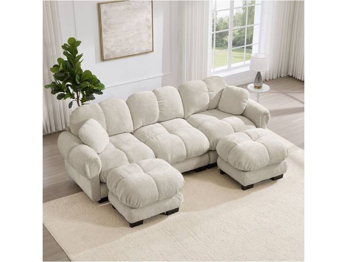 ROVRYN Canape modulable U 3 places chenille kaki clair avec ottomane mobile et 2 coussins