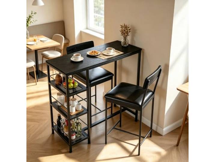 GarveeMore Rechteck Esstisch-Set Mit 2 Gepolsterten Stühlen Platzsparender Bartisch mit 2 gepolsterten Hockern – Küche, Esszimmer, Apartment oder Frühstücksecke