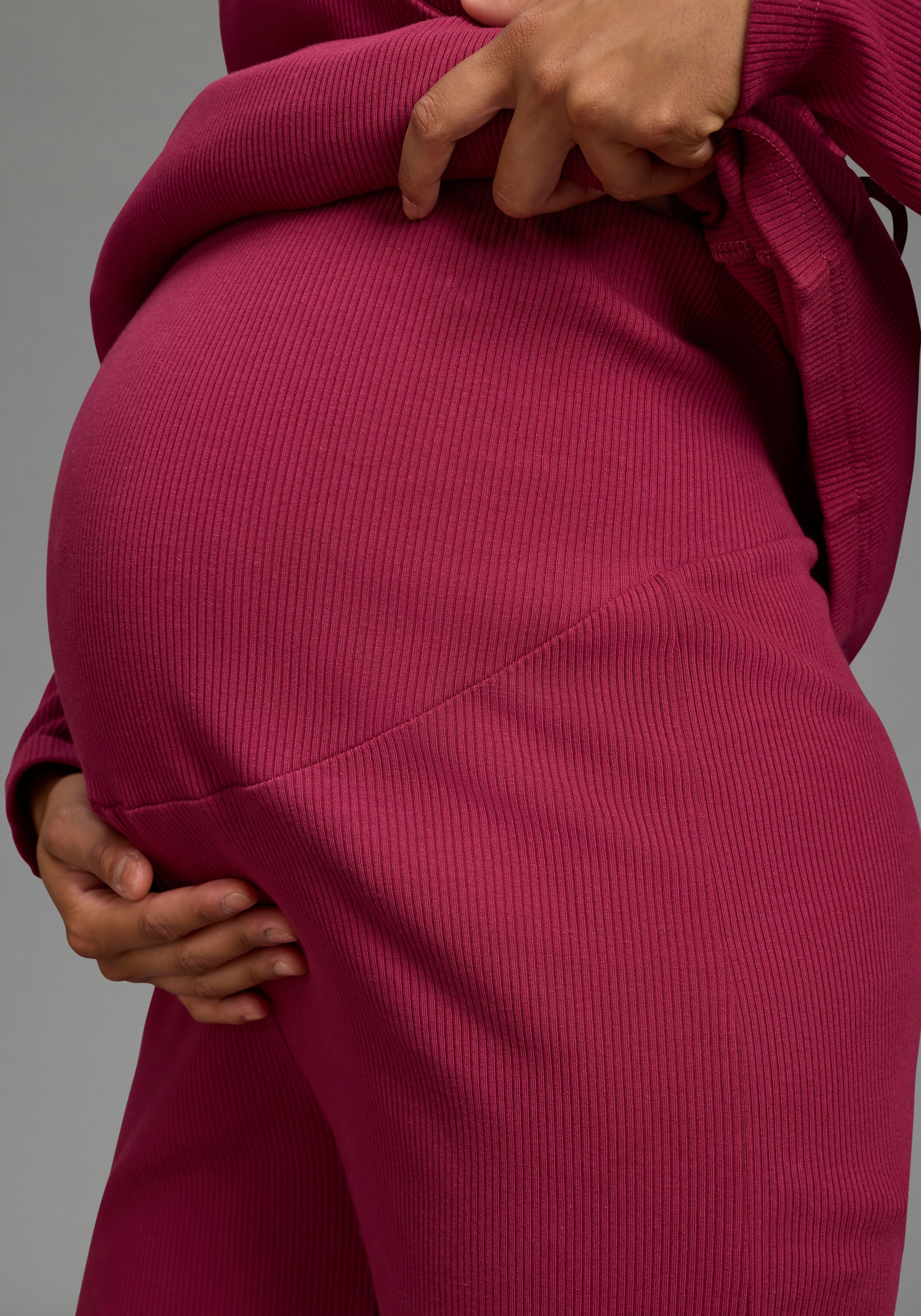 Umstandshose NEUN MONATE "Weite Jerseyhose für Schwangerschaft & Stillzeit, elastische Rippware", Damen, Gr. 36/38, N-Gr, pink (bordeaux), Jersey, Obermaterial: 95% Baumwolle, 5% Elasthan, Basic, lässig geschnitten lang, Hosen Umstandshose, Umstands-Hose 
