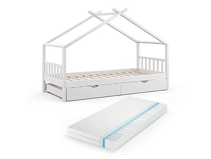 VitaliSpa Hausbett Design, Weiß, 90x200 cm mit Gästebett und Matratze, mit Rausfallschutz und Lattenrost für sicheres Schlafen