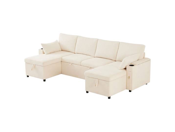 Canapé-lit modulable en u en chenille et cord beige