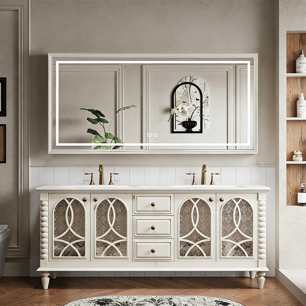 Badmöbel-Set mit Sinterstein Waschbecken und Spiegel, Badezimmer Set, Waschtisch mit Unterschrank, Waschtischkombination Weiß 130×55 cm /SCJZBAI/
