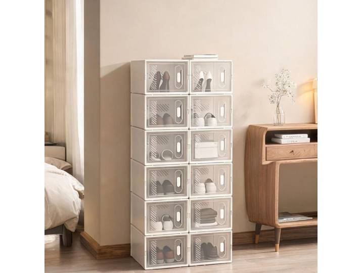 Bibliothèque et rangement modulable en plastique 12 boîtes transparentes et blanches empilable pour chaussures jouets ou