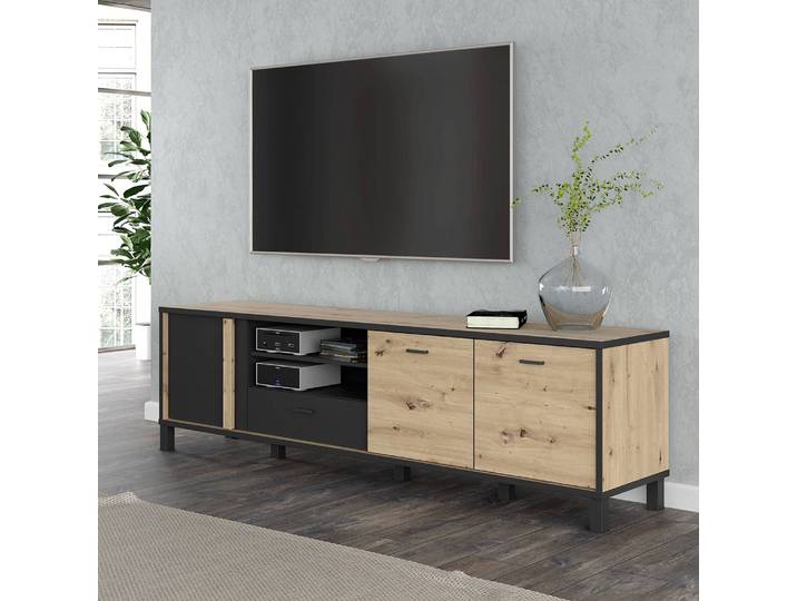 Meuble TV I Panneau aggloméré plaxé Marron/Noir/Imitation chêne Artisan 199 x 56 x 42cm