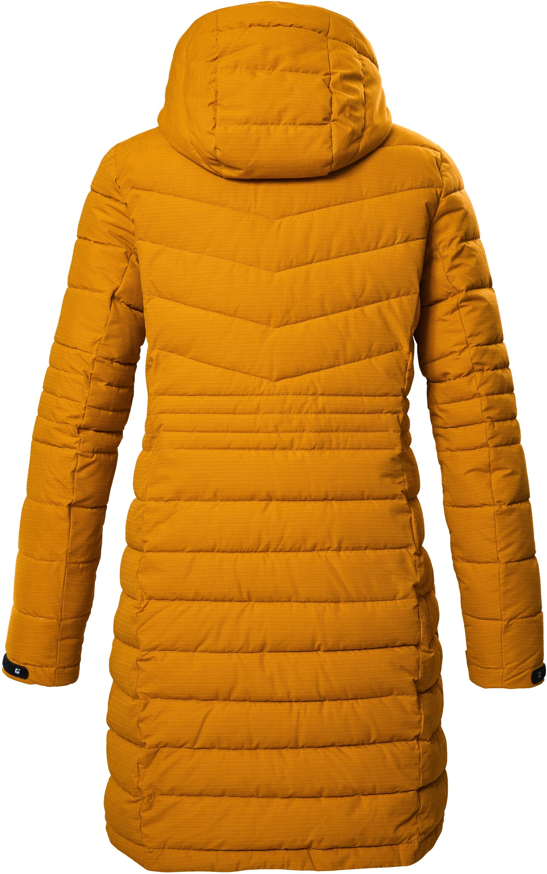 Steppmantel KILLTEC "KOW 96 WMN QLTD CT", Damen, Gr. 48, gelb (dunkelgelb), Oberstoff: 100% Polyester, Futter: 100% Polyester, Wattierung: 100% Polyester (recycelt), Mäntel Steppmantel, Langer Damenmantel, atmungsaktiv, winddicht, wasserabweisend, recycel