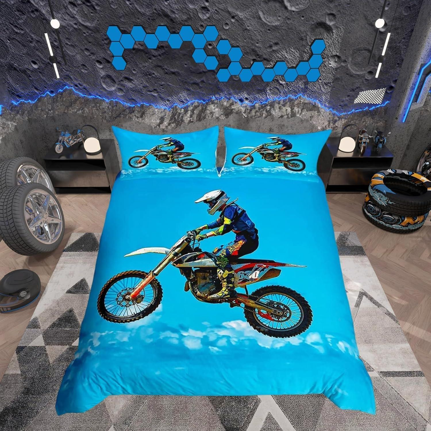 Loussiesd Beddengoedset voor kinderen met 3D-motocross dirtbike print, blauw/hemelsblauw/meerkleurig, 155 x 220 cm