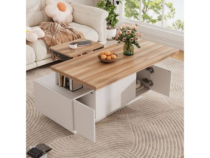 WUVRIE Table basse relevable 100 x 50 x 55 5 cm double plateau rangement caché 2 portes blanc et bois