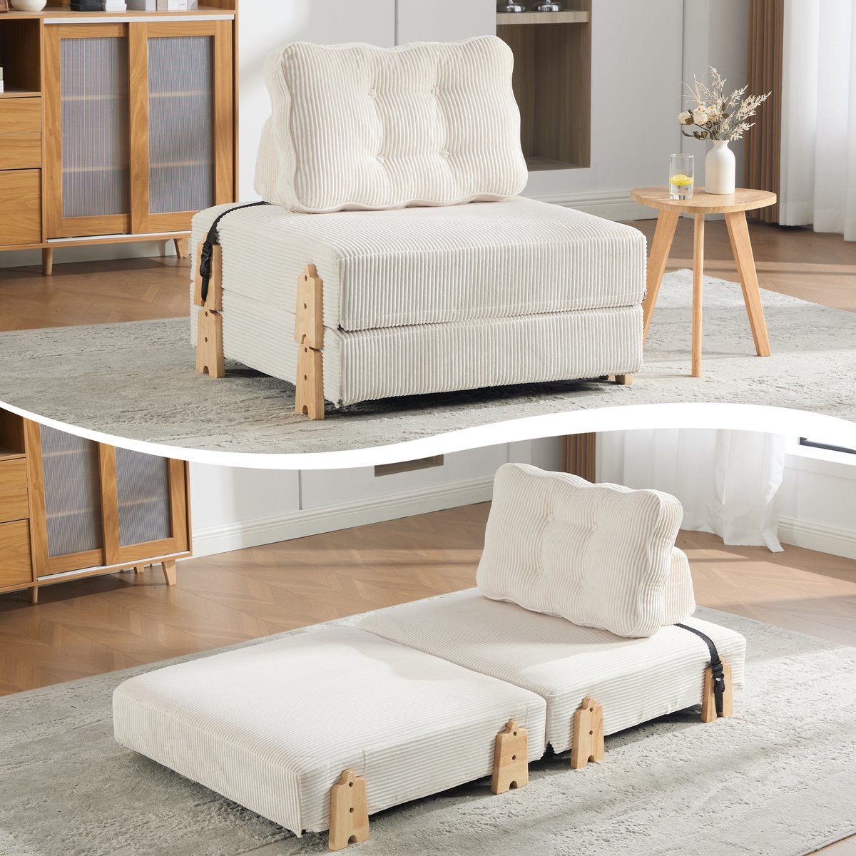 Cord Fauteuil Slaapbank met opklapbare rugleuning en houten poten in beige Scandinavisch design