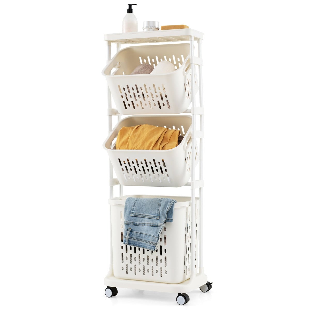 Costway Wasmand met 3 Niveaus en 4 Universele Wielen, Wit