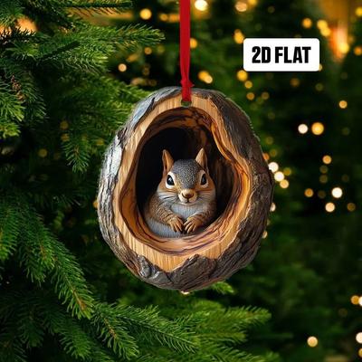 Inspired Finds Woodland Animal Acrylic Christmas Ornament Tree Trunk Design Bunny Owl Squirrel Hedgehog Pendant squirrel In Tree Trunk