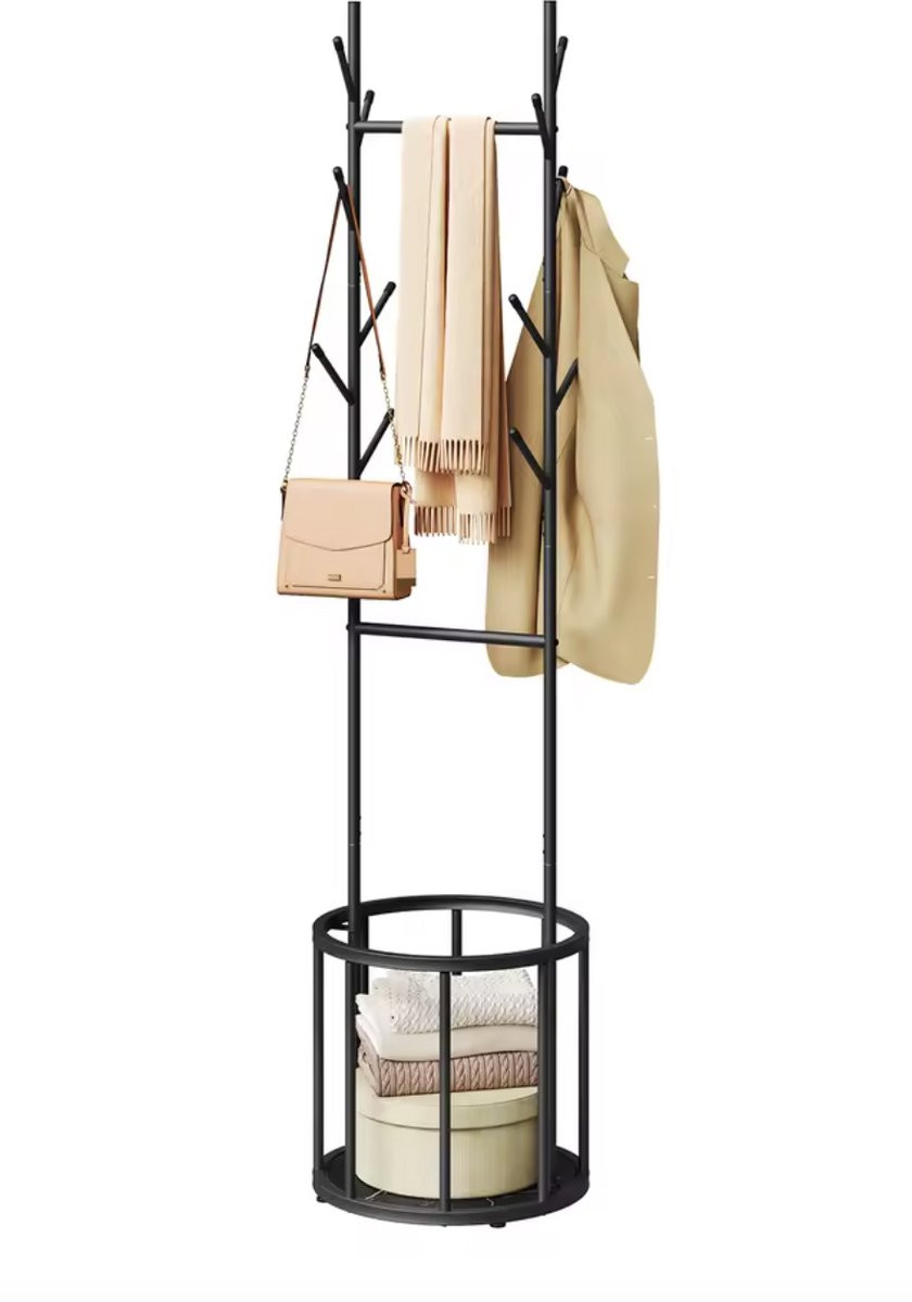 J&R Kapstok met Opbergmand – Vrijstaande Kapstok Boomvormig – Kledingrek met 12 Haken – Zwart – Hoogte: 175 cm