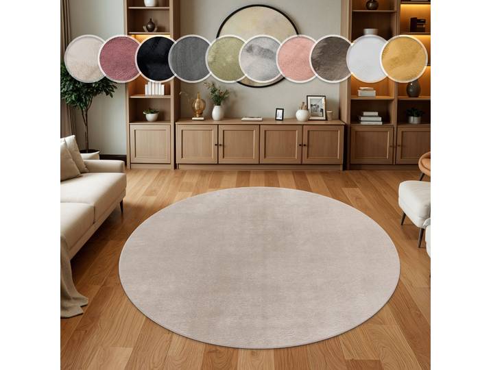 Fellteppich PACO HOME Kunstfell Soft 380 , beige, H:14mm Ø:80cm, Polyester, Teppiche, Fellteppich, Langflor, Kuschelteppich - besonders weich, Uni-Farben