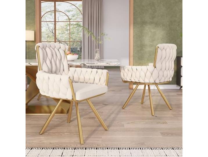 ModernLuxe Samt-Esszimmerstuhl 2er Set, Drehstuhl mit 360° Funktion, luxuriöser Sessel für Wohnzimmer und Schlafzimmer, Beiger Samtbezug, Metallbeine, Moderne Armlehnen