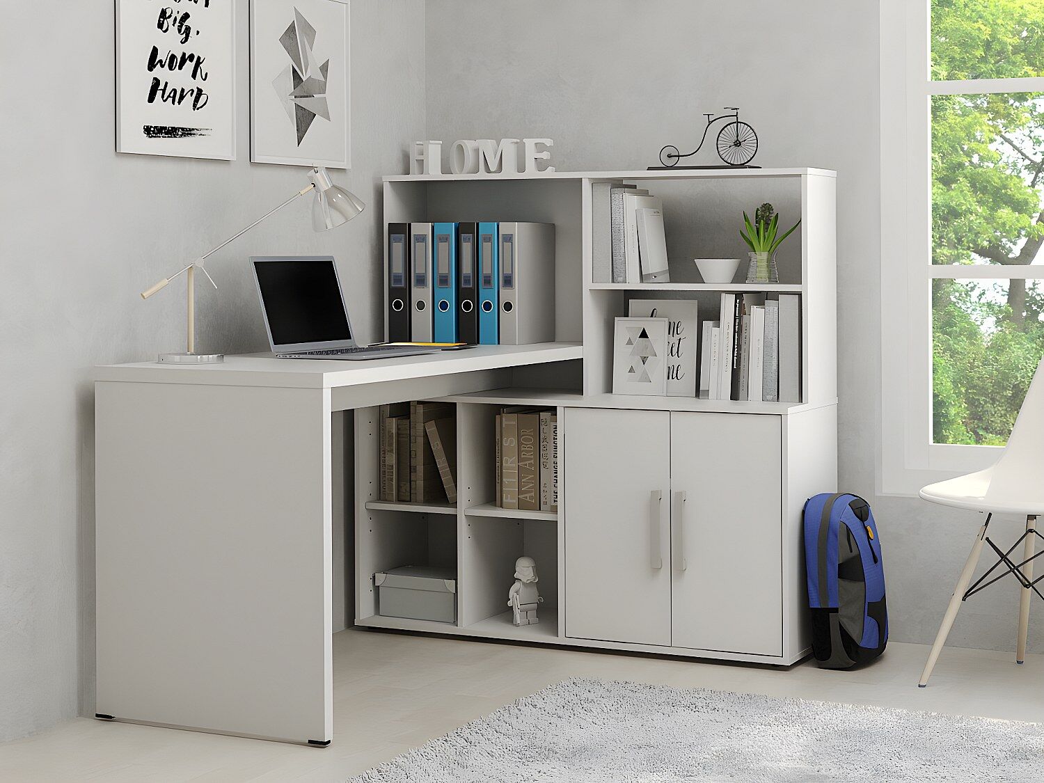 Vente-unique Hoekbureau LEON met opbergruimte en kast - Wit