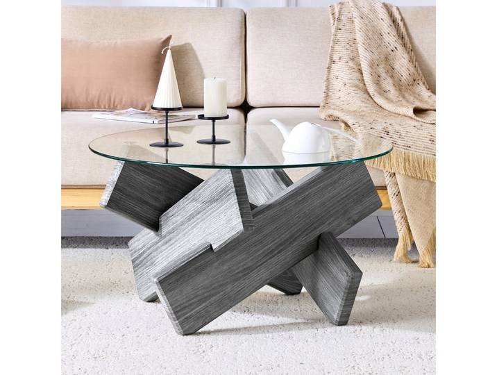 BBWL Couchtisch 79 cm mit Gehärteter Glasplatte MDF Holzoptik Kreuzbeine, Runder Couchtisch, Moderner Wohnzimmertisch