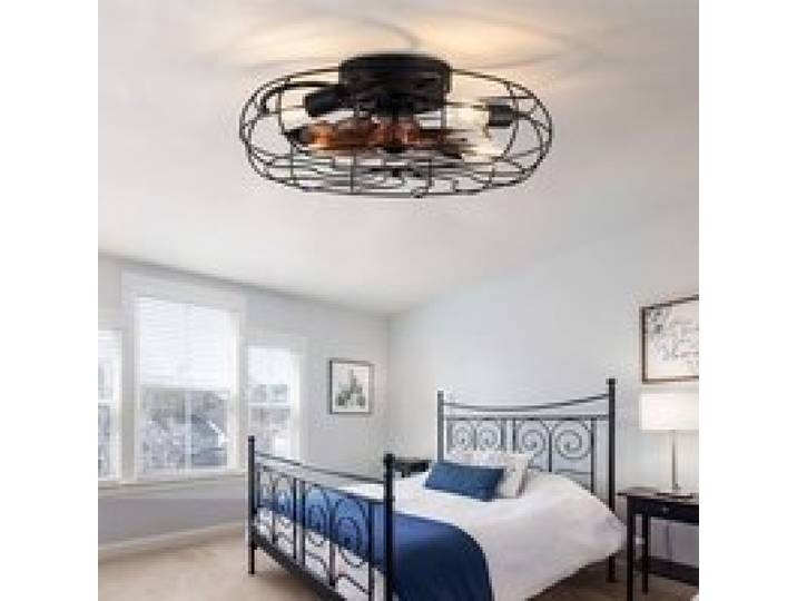 Ventilateur de plafond cage extra-plat 50x50x17cm noir noyer foncé éclairage 6 vitesses télécommande petite pièce