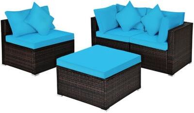 Costway 4 Pcs Ottoman Garden Deck Patio Rattan Wicker Furniture Set Cushioned Sofa-Turquoise