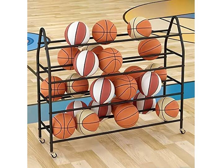 Basketbal Aufbewahrung Regal Ballwagen 4 Etagen Fußballregal Mit Rollen Sportsbälle Kapazität Ball Organizer Platzsparend Für Sporthallen Basketball Fußball(Black,123cm)