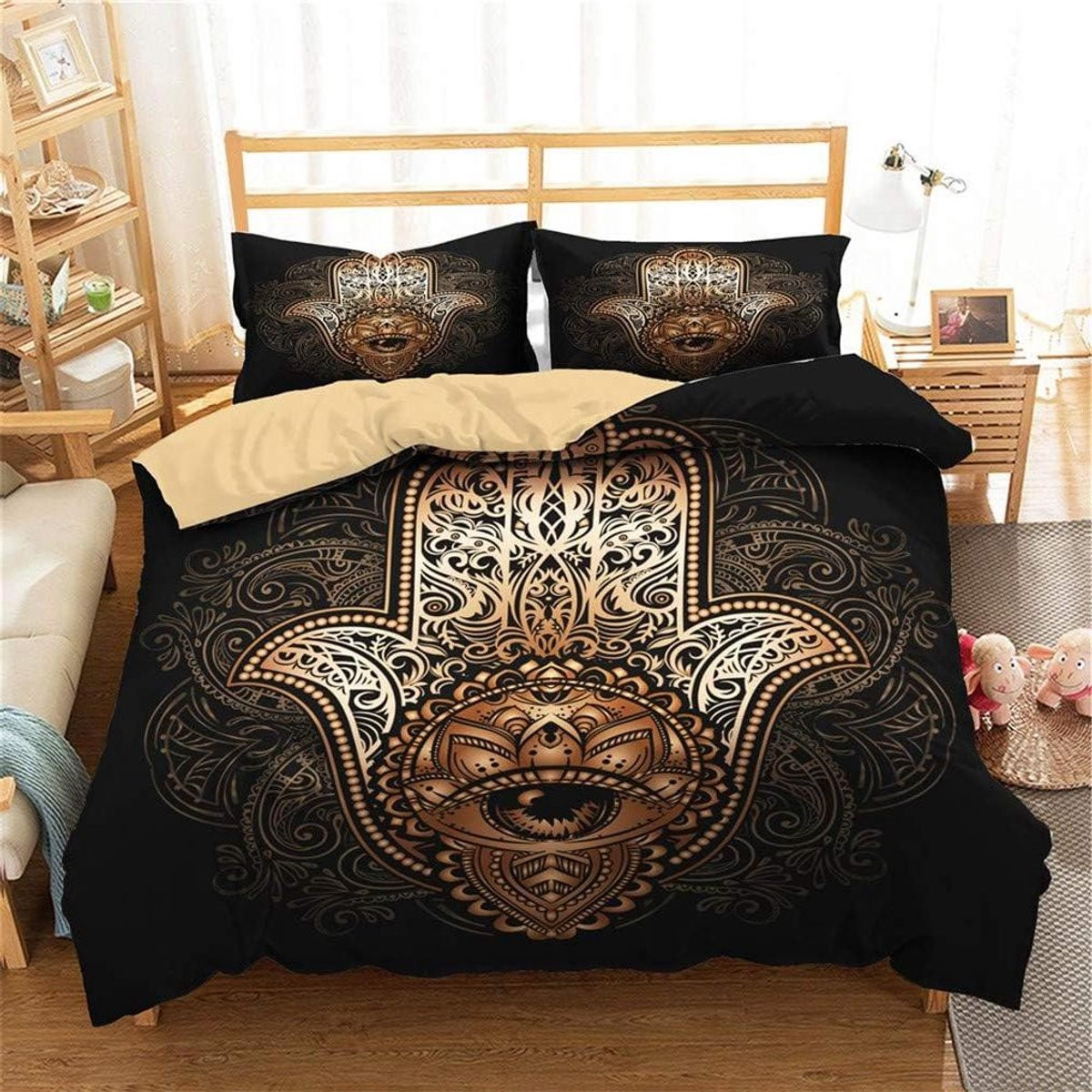 Dekbedovertrek Set Bohemen Mandala in Zachte Microvezel - King 220 x 240 cm - Zwart Goud