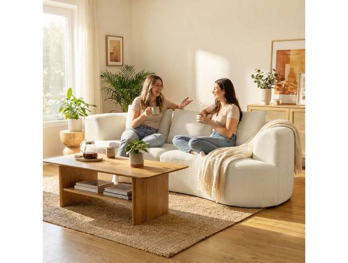 Canapé fixe 3 places en chenille crème de 260 cm assise large de 203 cm 3 coussins de dossier livré sans montage