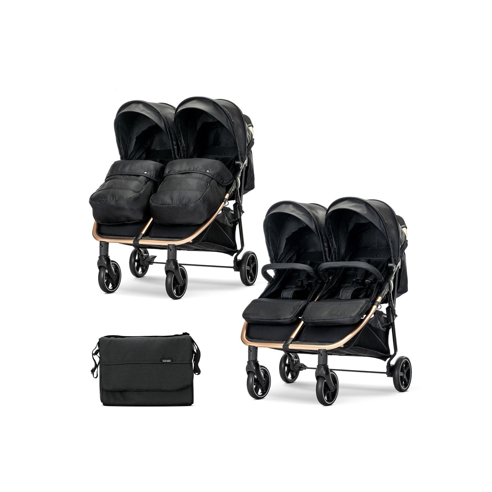 Lorelli Zwillingskinderwagen Duo klappbar verstellbar Fußabdeckung Wickeltasche schwarz gold