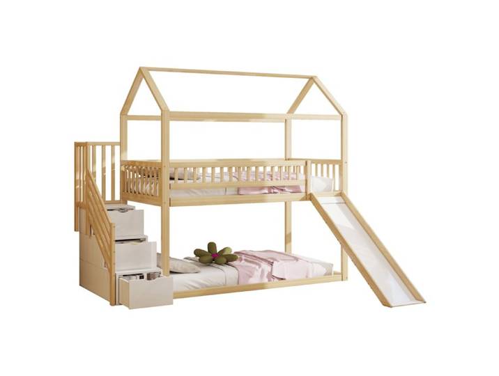 Lit mezzanine 90x200 cm en bois naturel avec toboggan et échelle rangement rambarde haute
