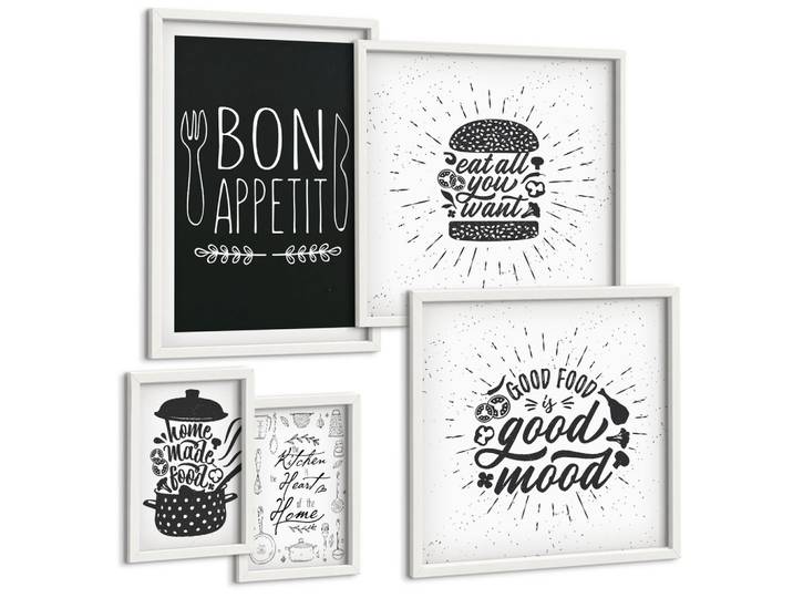 BILDER SET 5er Set - 50x50 cm & 20x30 cm & 40x60 cm Weißer Rahmen - Grafiken, Lebensmittel, kulinarische Slogans