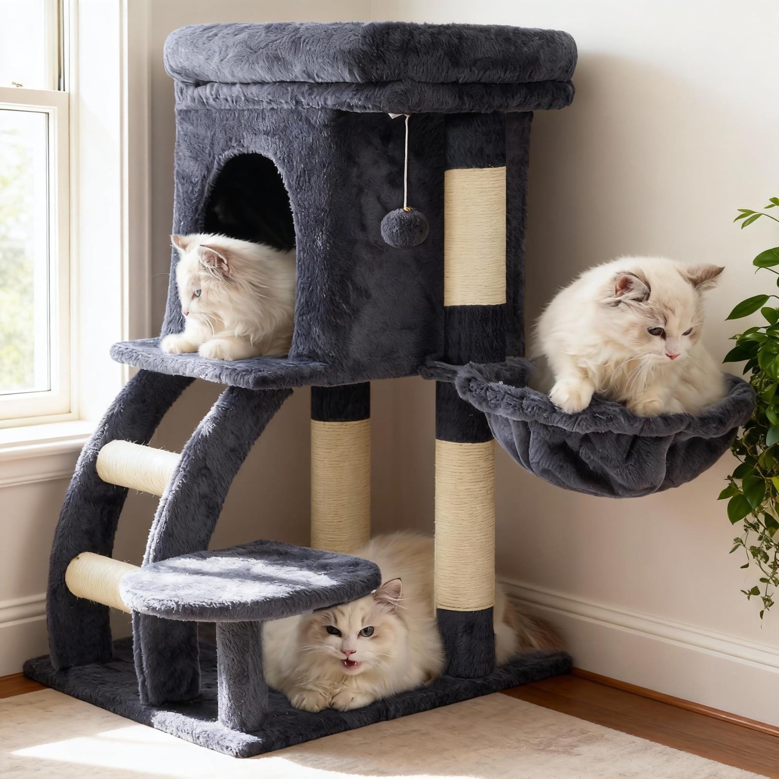 Kattenhuis van karton met hangmat en klimladder