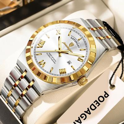 Inspire Select POEDAGAR 675 Luxury Stainless Steel Men's Quartz Watch With Luminous Week & Date Display 675 Gold White