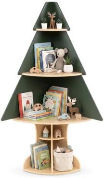 Costway Wooden Montessori Corner Tree Bookshelf with Toy Storage-Green