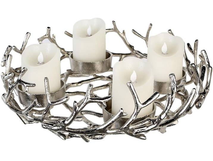 Kerzenhalter GILDE Adventsleuchter rund Twigs silberfarben , silber (silberfarben), B:42cm H:12cm T:42cm Ø:42cm, Aluminium, Kerzenhalter, Kerzenhalter, Adventsleuchter Kerzenhalter Äste Zweige Advent festlich Kranz