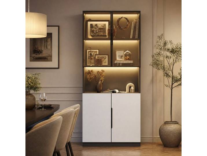 Vitrine Haute Portes Vitrées et LED Étagères Réglables - BEAUNIV - Moderne Aluminium Verre Trempé 80×30×200 cm Blanc et Noir