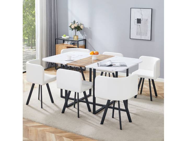 Ensemble Repas 1 Table 6 Chaises 150x100x79 Cm Mdf Métal Blanc Noir Gain De Place – Meubliv