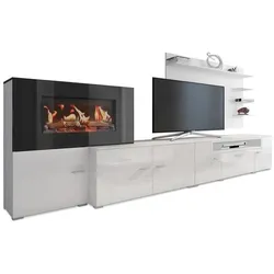 SKRAUT HOME Wohnzimmermöbel mit elektrischem Kamin mit 5 Flammenstufen, mattweiß und hellweiß lackiert, Maße: 290 x 170 x 45cm _ OLYMPOWHITE