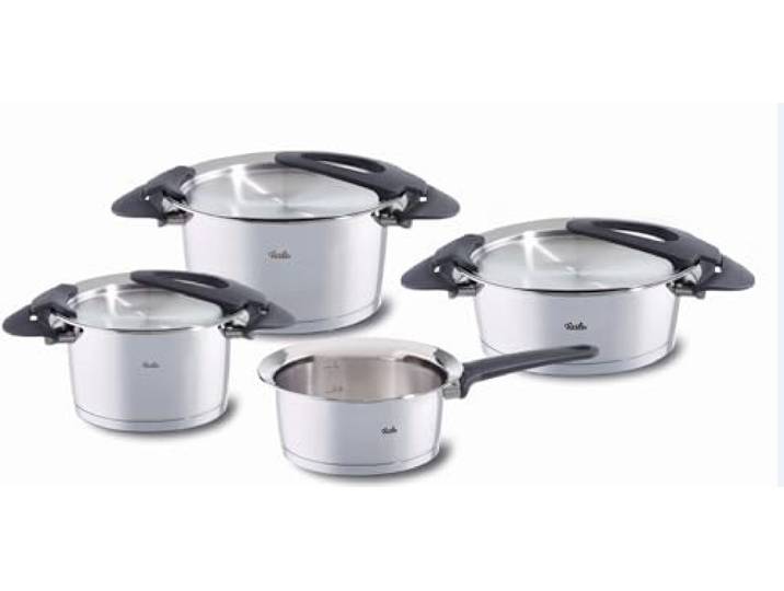 Fissler Intensa/Edelstahl-Topfset, 4-teilig, Töpfe mit Metall-Deckel (2 Kochtöpfe, 1 Bratentopf, 1 Stielkasserolle-deckellos) - Induktion