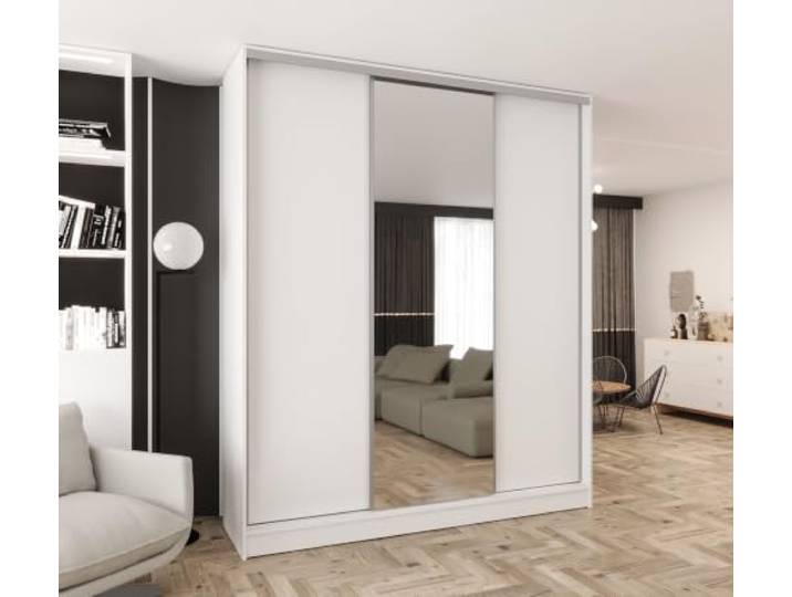 Kleiderschrank mit Spiegel und Schiebetüren Weiß 200x250 cm 2 Kleiderstangen, 2 Schubladen, MDF Platte, Inklusive Montageset, Mit Einlegeböden, Viel Stauraum, Praktische Aufteilung