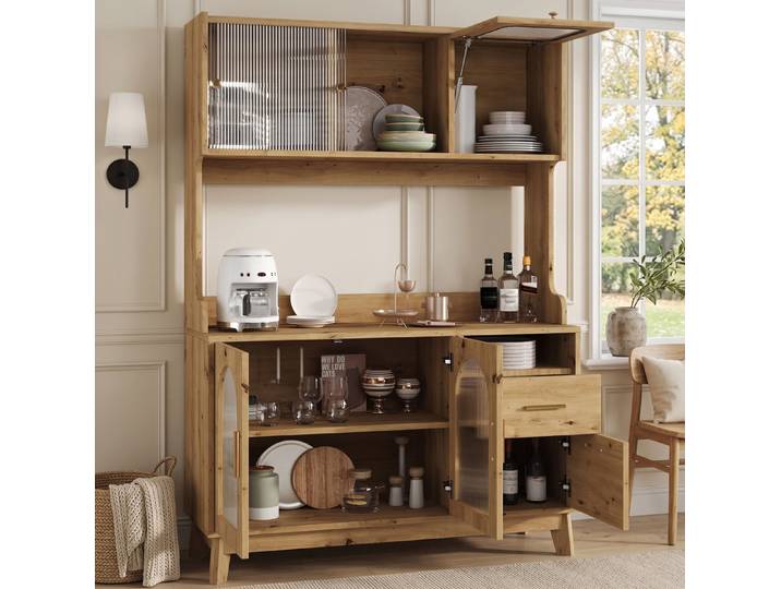 MODFU Küchenbuffet Kompakter Schrank – 120×40×178 cm mit USB & Steckdosen (Packung, 1-St., Natur, für Esszimmer & Wohnzimmer) Wellenfront, viel Stauraum, praktisch