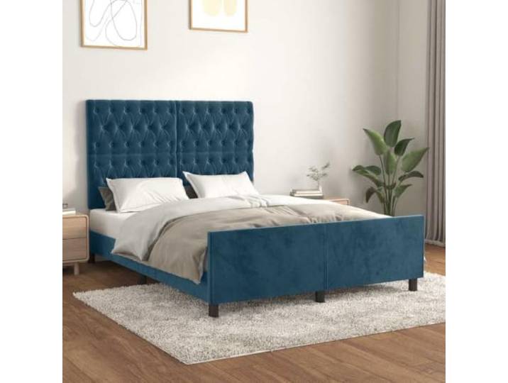 Bettgestell Dunkelblau 140 x 190 cm, Samt mit Kopfteil mit Knopfheftung Samtbezug aus 100% Polyester, höhenverstellbares Kopfteil, Sperrholzlatten für gleichmäßige Gewichtsverteilung, fürs