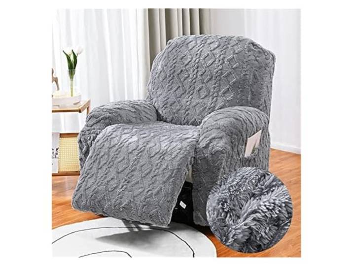 BEIWOSHA Universeller Bezug for elektrisch verstellbare Relaxsessel, Jacquard-Plüschbezug for 1-Sitzer, 4-teilig, Stretch-Liegestuhlbezüge, Sitzbezug mit Taschen(Grigio,3 Posto)