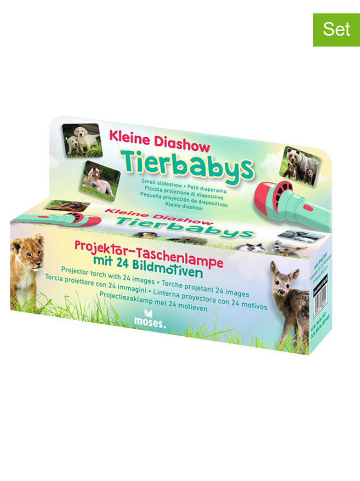 moses. 2er-Set: Projektor-Taschenlampe "Tierbabys" in Grün - ab 3 Jahren - onesize