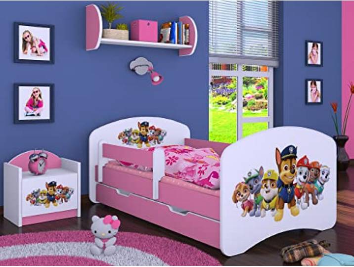 BDW Kinderbett Super Hunde - Babybett mit Matratze und Schublade - Bequem und Langlebig Rausfallschutz Bett - Kinderzimmer - Rosa (Motiv 3) - 140x70