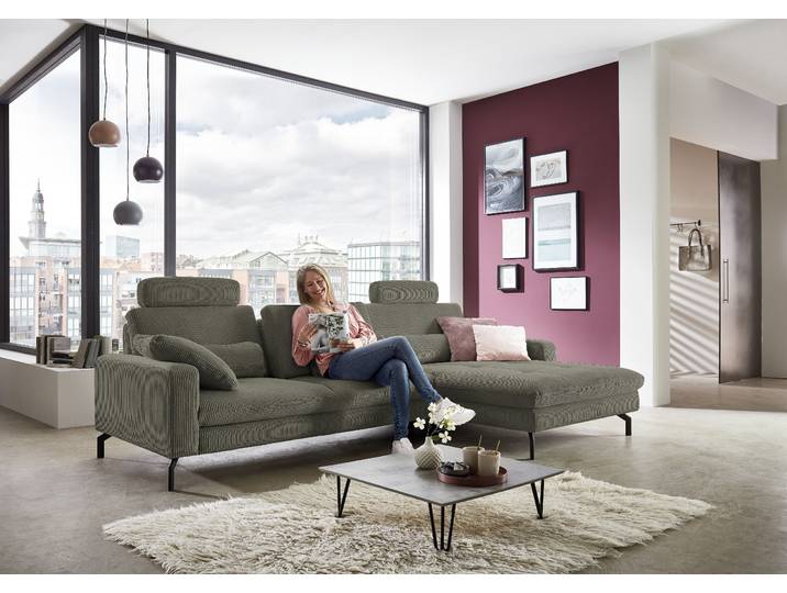 Ecksofa, Cord, Grün (Forest) 302×178 cm, Federkern, mit Bettfunktion & Kopfstützen, Retro, DIE PLANBAR