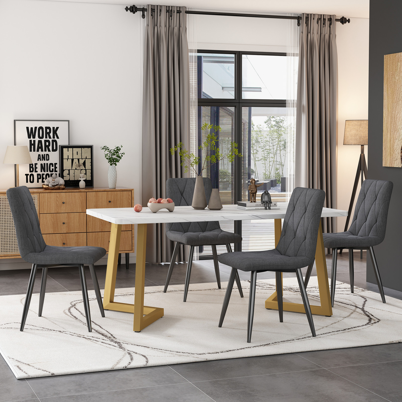 OKWISH Eetset 5-delig met rechthoekige eettafel en 4 eetstoelen, Grijs met goudkleurige tafelpoten