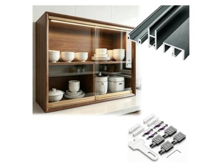 Glasschiebetürbeschlag Maßanfertigung für Küchenschrank Passen Sie 8 mm dicke Innengleitschienen-Hardware oberen/mittleren/unteren Schienen Rollen