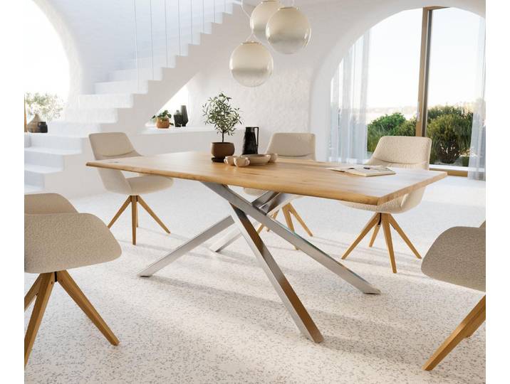 DELIFE Esstisch Edge 200x100x2,5-3 Eiche Natur Kreuzgestell Rechteck Edelstahl Live-Edge