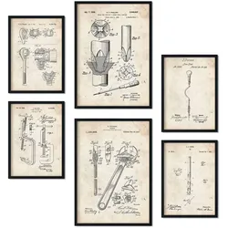 POSTER Set Mit 6 Plakaten Mit Bauwerkzeuge 1 Patenten Im Vintage Stil A3 & A4 Schwarzer Rahmen